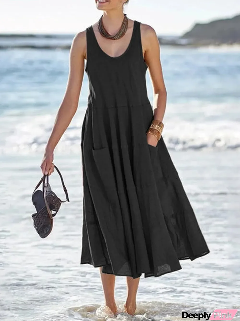 Women's Solid Color Sleeveless Scoop Neck Midi Dress