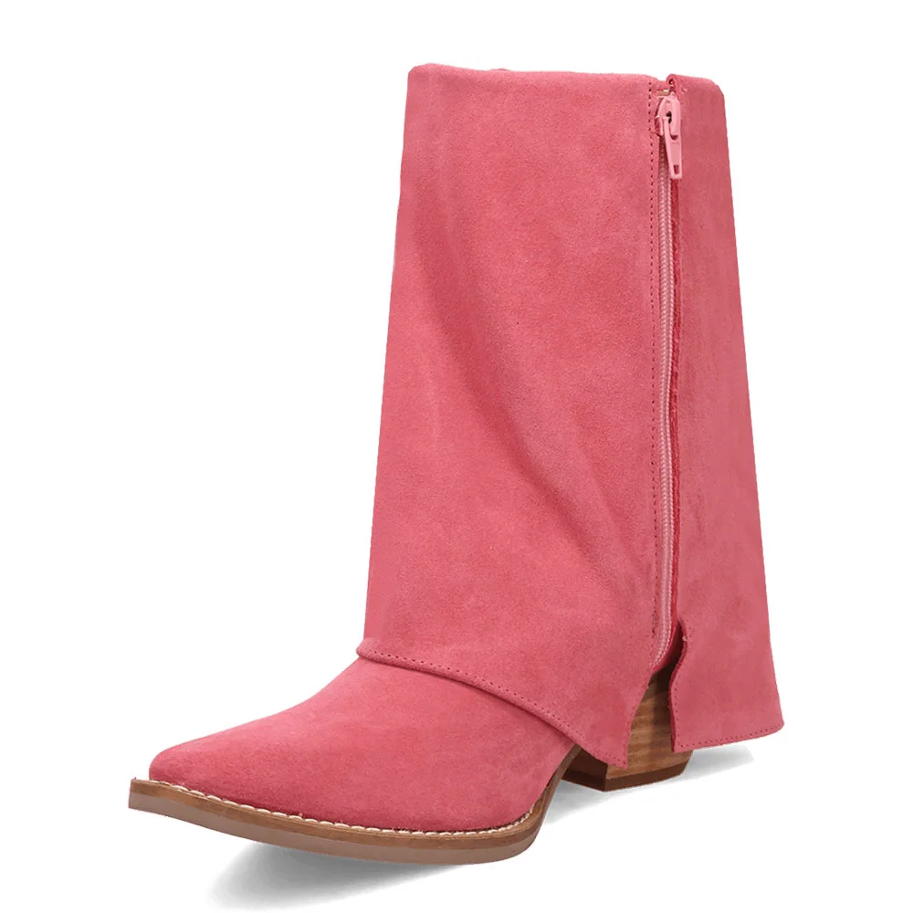 Vegan Suede Chunky Heel Almond Toe Fringe Cowgirl Boots in Pink
