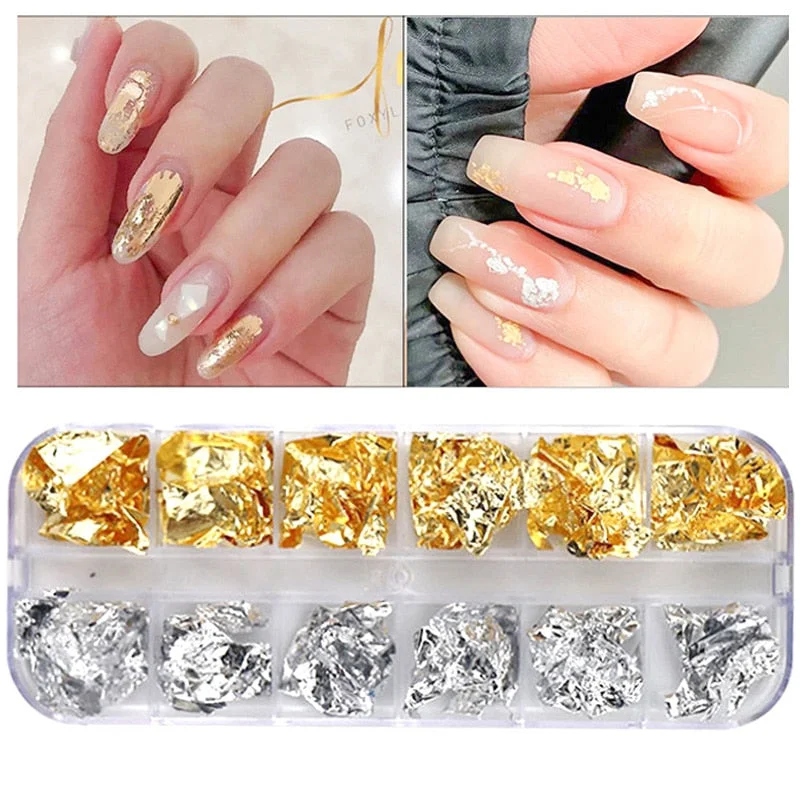 12 Grids Sparkly Foil Nails Sequins Irregular Aluminum Gold Red Summer Design Set  Mirror Chrome Glitter Flakes Gel DIY Manicure-Nail Inspo