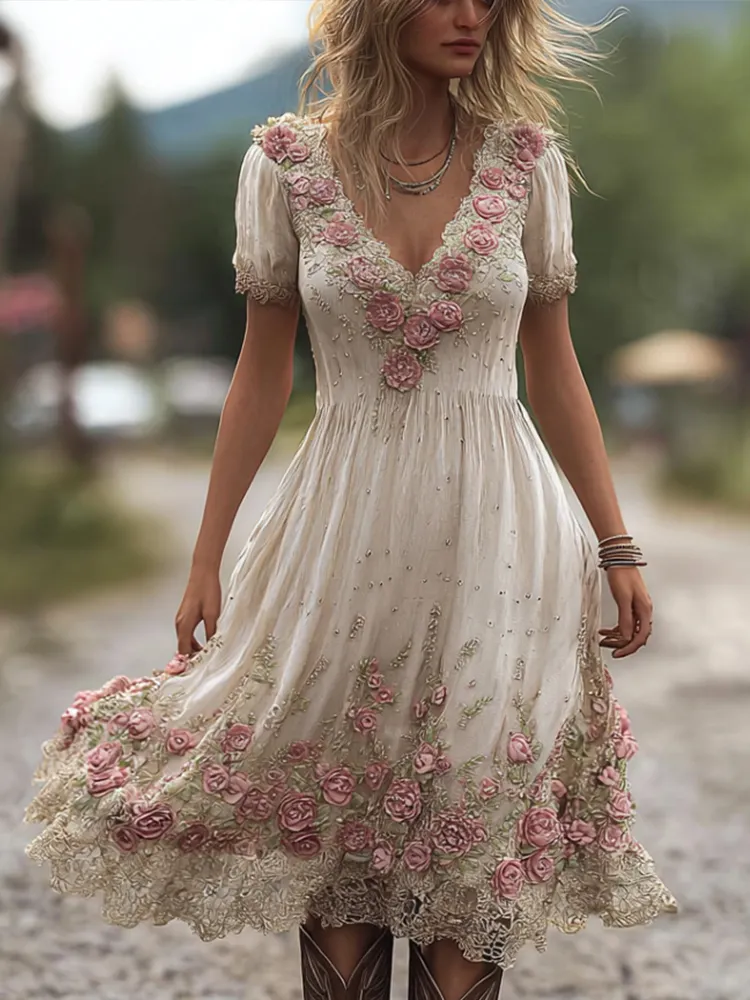 Ladies' Pink Flower Vintage White Linen Vintage V-neck Short-sleeved Long Dress