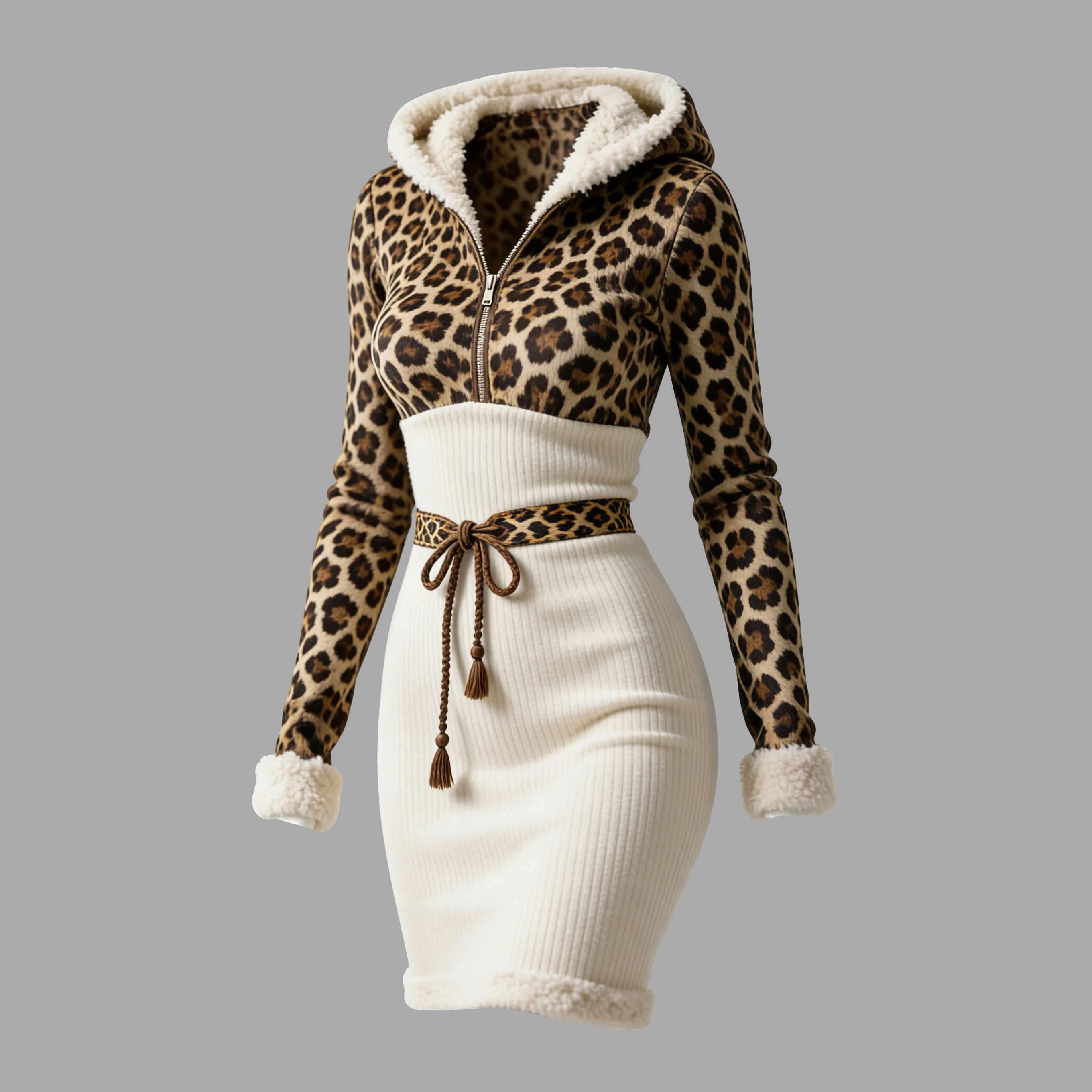 Women's Vertical Striped Color Block Leopard Print Half-Zip Hooded Slim Fit Dress