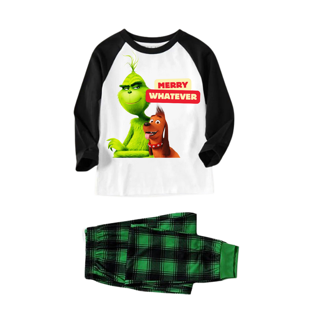 Cartoon Pattern and "Merry Whatever" Printed Green Plaid Christmas Family Matching Pajamas