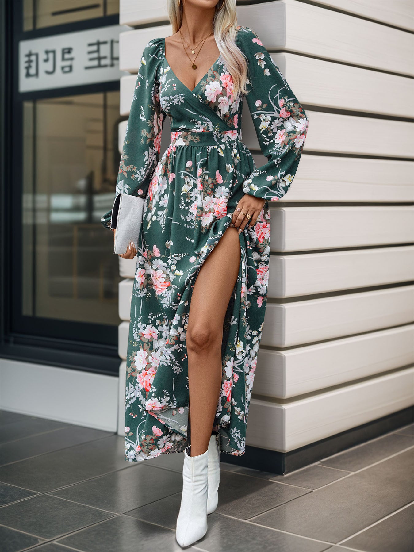 Women's Long Sleeve V-neck Floral Printed Slit Midi Dress