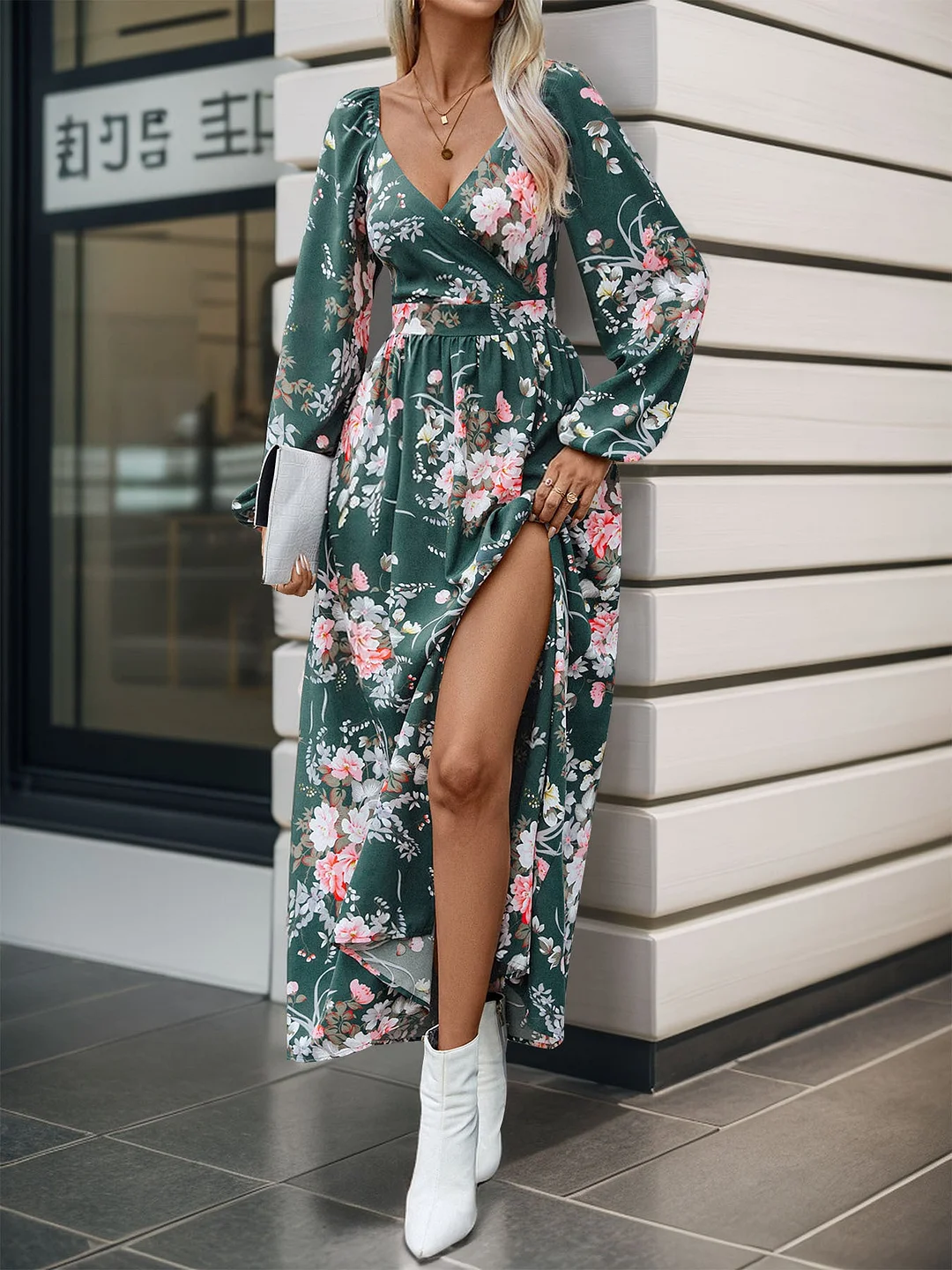 Women's Long Sleeve V-neck Floral Printed Slit Midi Dress