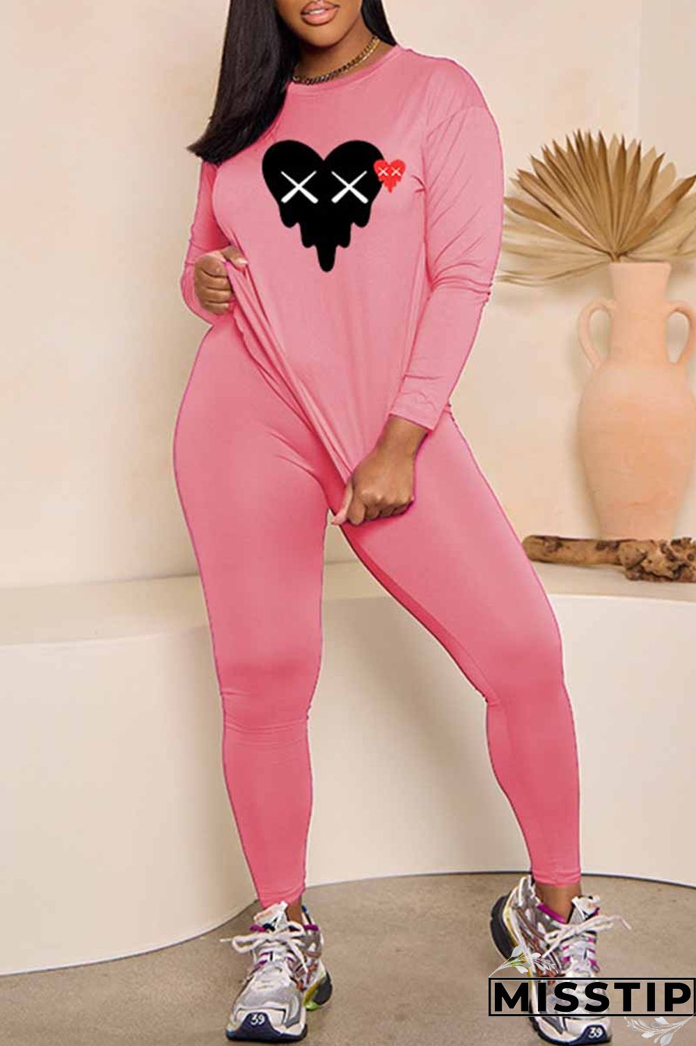 Black Casual Print Patchwork O Neck Long Sleeve Two Pieces