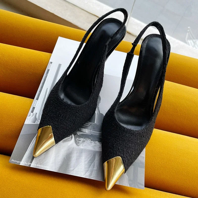 2022 New Black Pink Heels Women Sandals Summer Fashion Green Metal Pointed Toe Shoes Mules Pumps Shallow Slip-On Stilettos Mujer