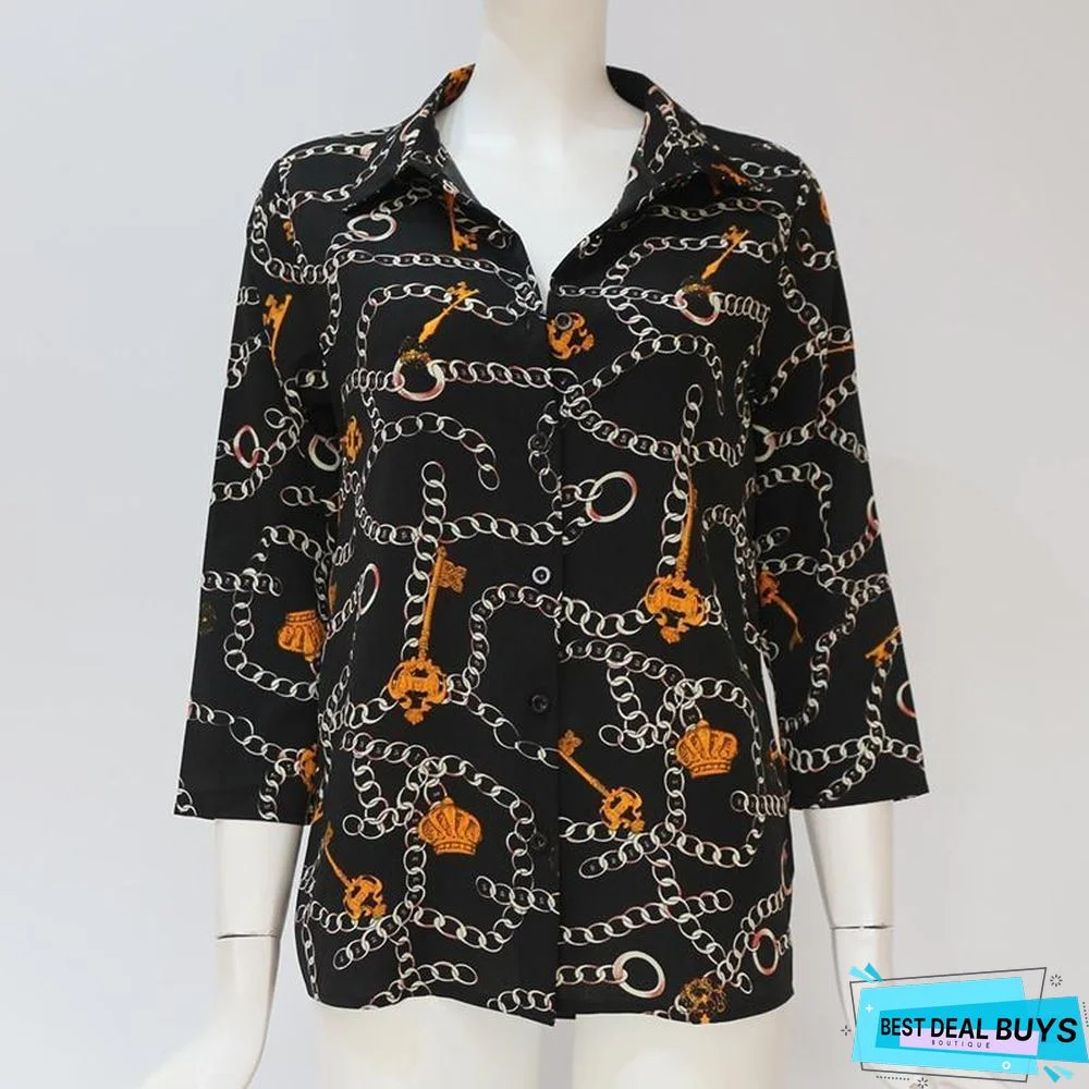 Women Chain Print Vintage Chiffon Blouse Turn-Down Collar Plus Size Loose Tops