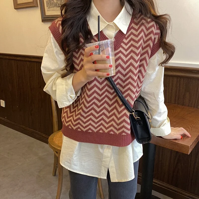 Sweater Vest Women V-neck Solid All-match Korean Style Preppy Casual Womens Chic Loose Autumn Fashion Knitting Vests Ulzzang New