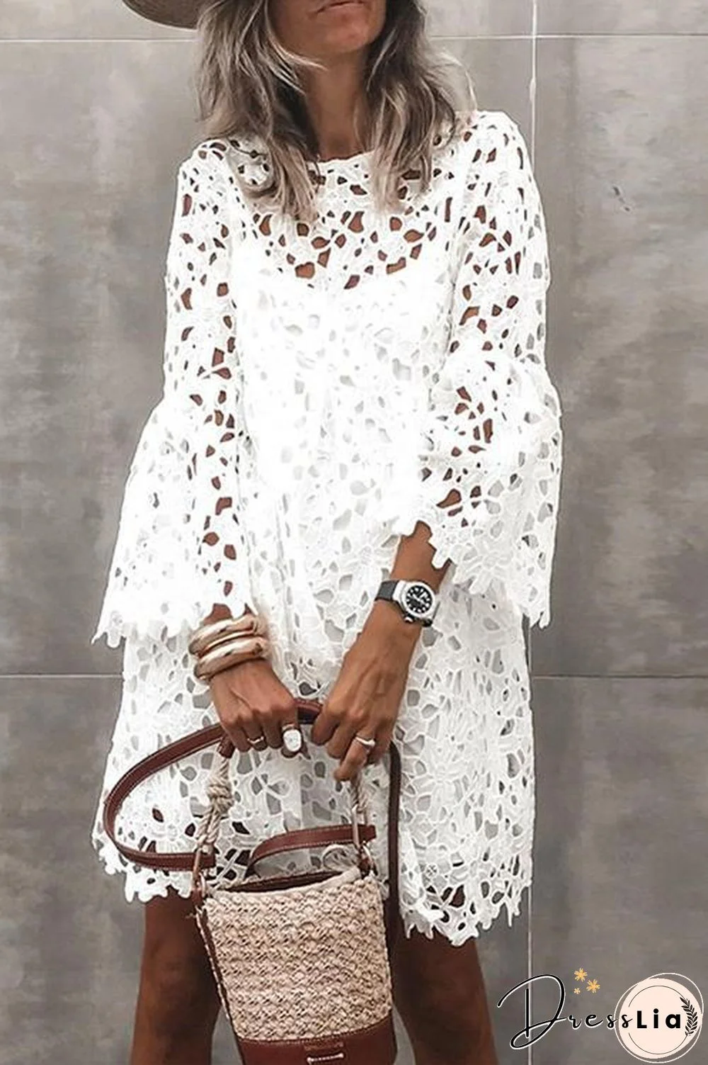 Lace Hollow Flares Sleeve Mini Dress