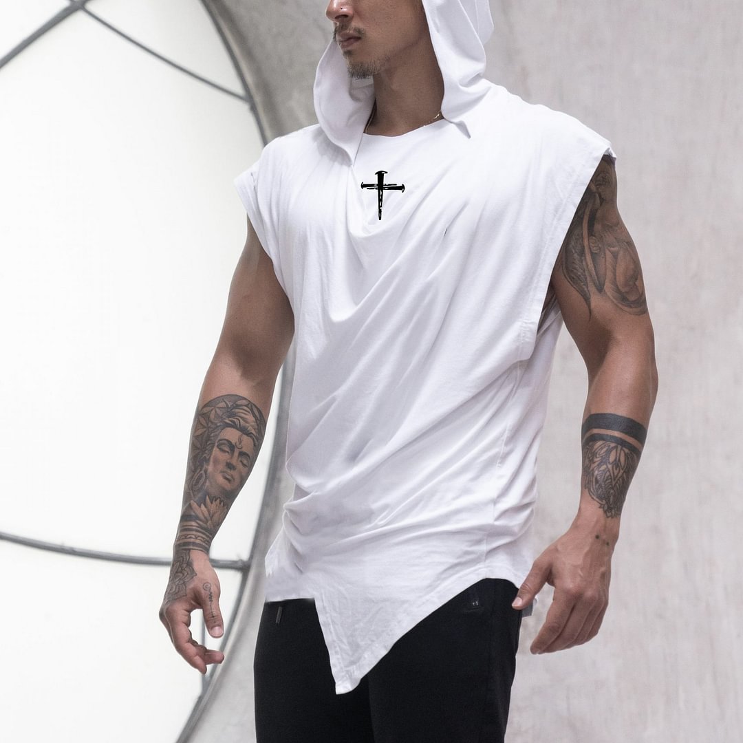 Men's Trendy Tank Top Jesus Cross Printed Everyday Casual Fitness Sleeveless Hooded T-Shirt、、URBENIE