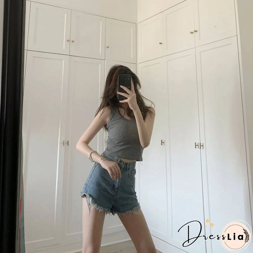 White Knitted Round Neck Women T-shirt Sexy Sleeveless Camisole Crop Top Woman Tight Stretch Tank Top Ladies Tee Top Streetwear