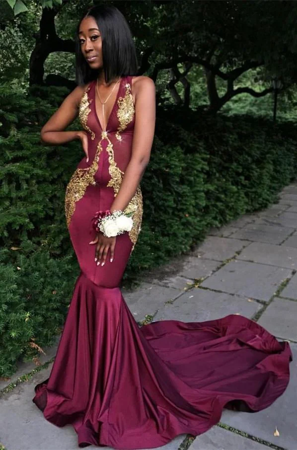 Luluslly Burgundy V-Neck Sleeveless Mermaid Evening Prom Dress With Appliques