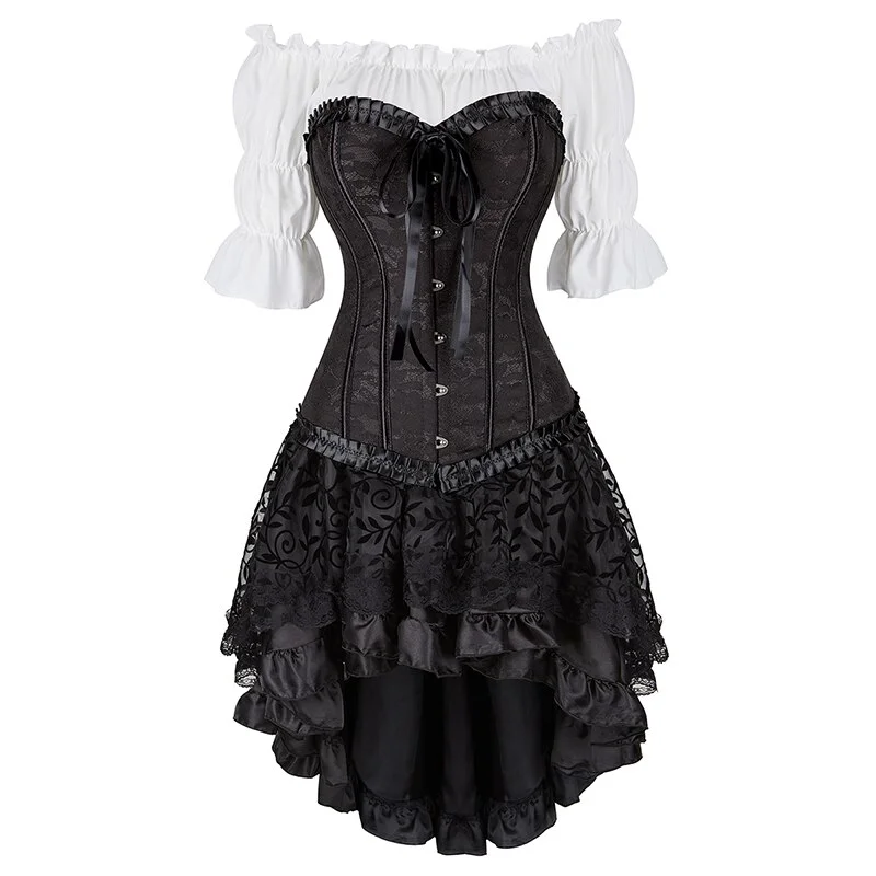 Billionm Dress with Skirt Gothic Puffy Sleeve Blouse Corset Bustier Top Plus Size Steampunk Corset Dresses Black Red Blue