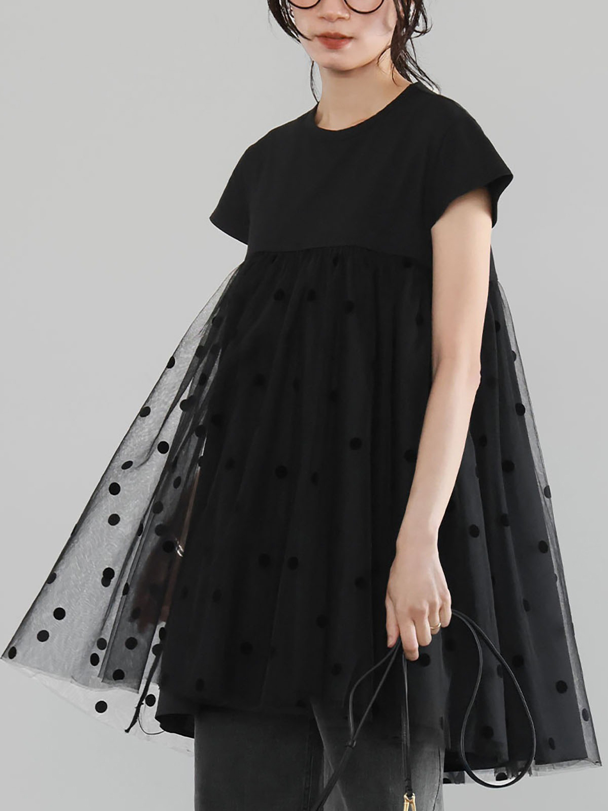 Polka Dot Mesh Short Sleeve Round Neck Loose Top