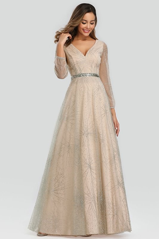 Glamorous V-Neck Long Sleeve Beadings Evening Prom Dress