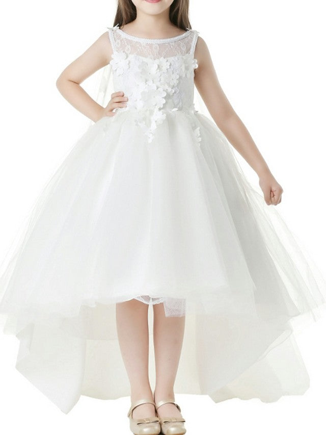 Oknass Ball Gown Sleeveless Jewel Neck Asymmetrical  Flower Girl Dress With Appliques