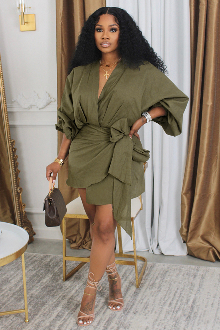 V Neck Lantern Sleeve Tie Up Ruched Irregular Mini Dresses-Khaki