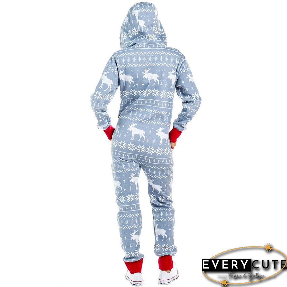 Light Grey Deer Print Zipper Up Hooded Loungewear Jumpsuit