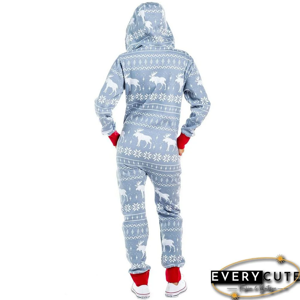 Light Grey Deer Print Zipper Up Hooded Loungewear Jumpsuit