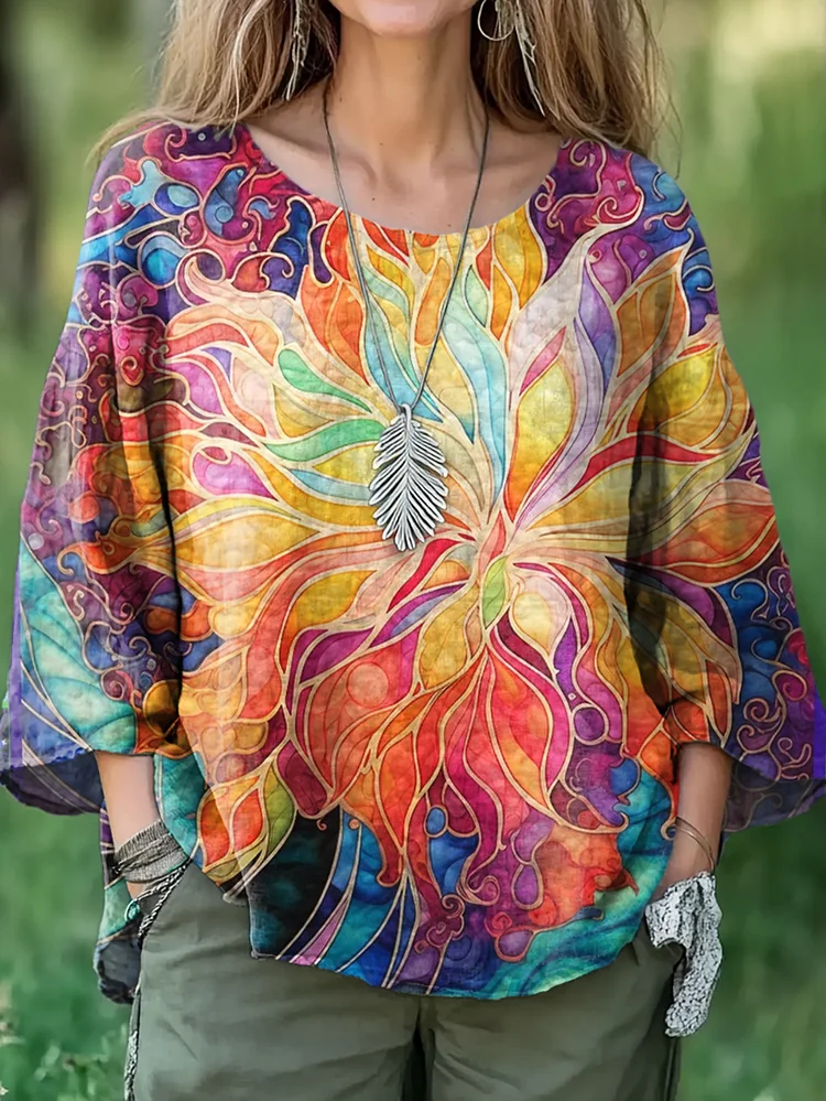 Women's Colorful Floral Prints Art Pattern Casual Cotton And Linen Shirt