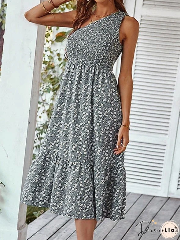 Women's Dresses Sloping Shoulder Floral Print Midi Dress