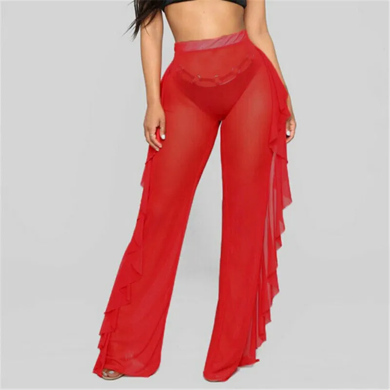 Women Beach Pants New Arrival Mesh Sheer Bikini Cover Up Transparent Ruffle High Waist Pants Long See Through Ladies Trousers