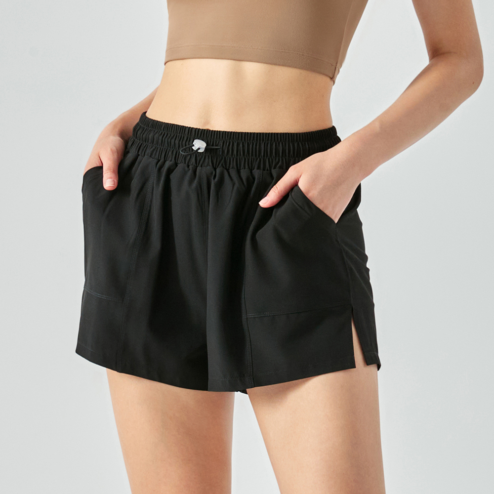 Buy Hergymclothing Black 4 way stretch anti wardrobe malfunction comfortable polyester spandex fake 2 pieces gym running shorts with pockets online