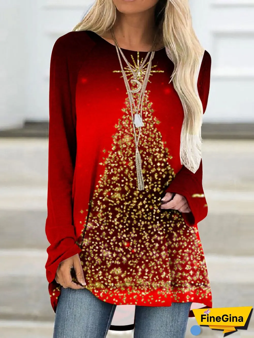 Women's Christmas Graphic Solid Color Scoop Neck Long Sleeve Top