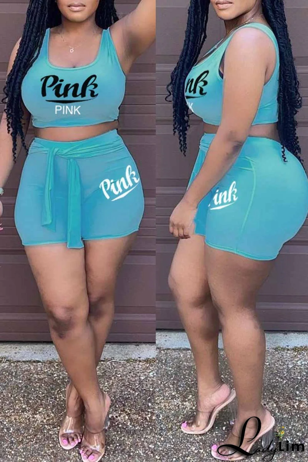 Light Purple Fashion Casual Letter Print Bandage U Neck Sleeveless Two Pieces