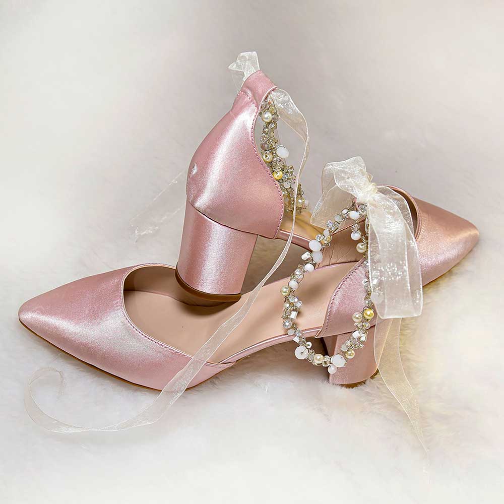 Pink Satin Pointed Toe Block Heel Rhinestone Embellished Ribbon Pumps Nicepairs