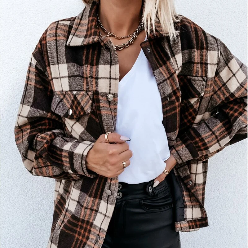 Long Shirts Women Autumn Winter Green Oversided Casual Plaid Long Sleeve Button Up Collared Jacket Tops And Blouses 2020 Fashion
