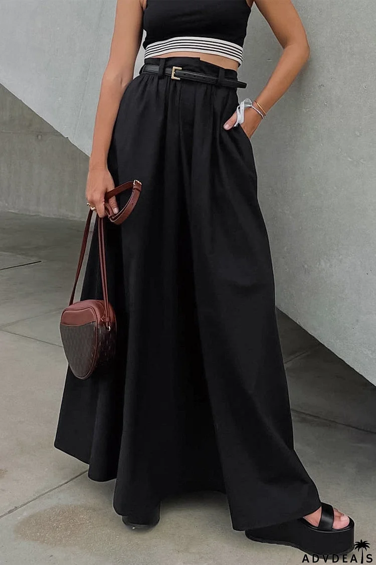 Solid Color High Waist A-Line Maxi Skirt