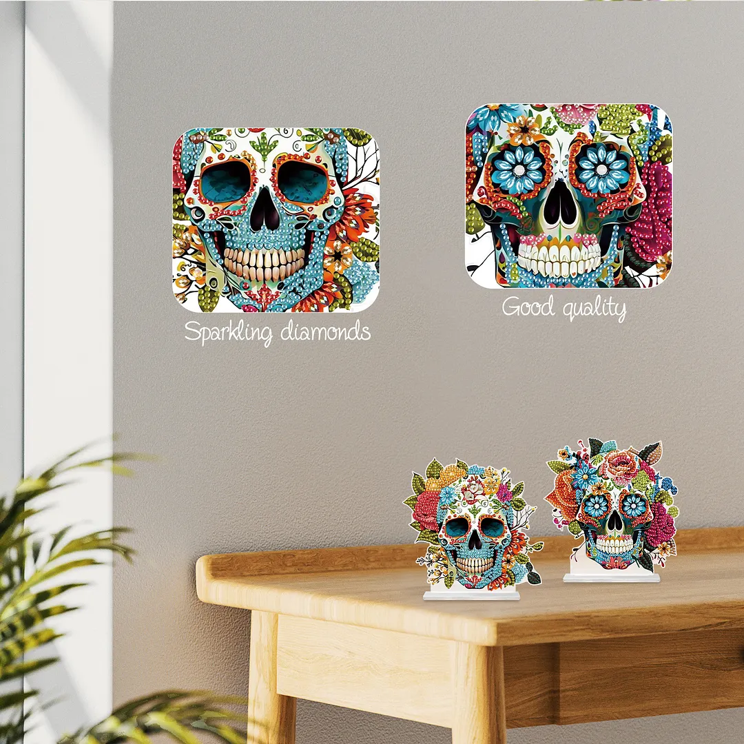 2Pcs DIY Diamond Art Tabletop Ornaments Reusable Special Gem Rhinestone Mosaic Craft Multi-Purpose Diamonds Art Suncatchers Flowers Gift for Craft Lovers (Flowers Skulls)