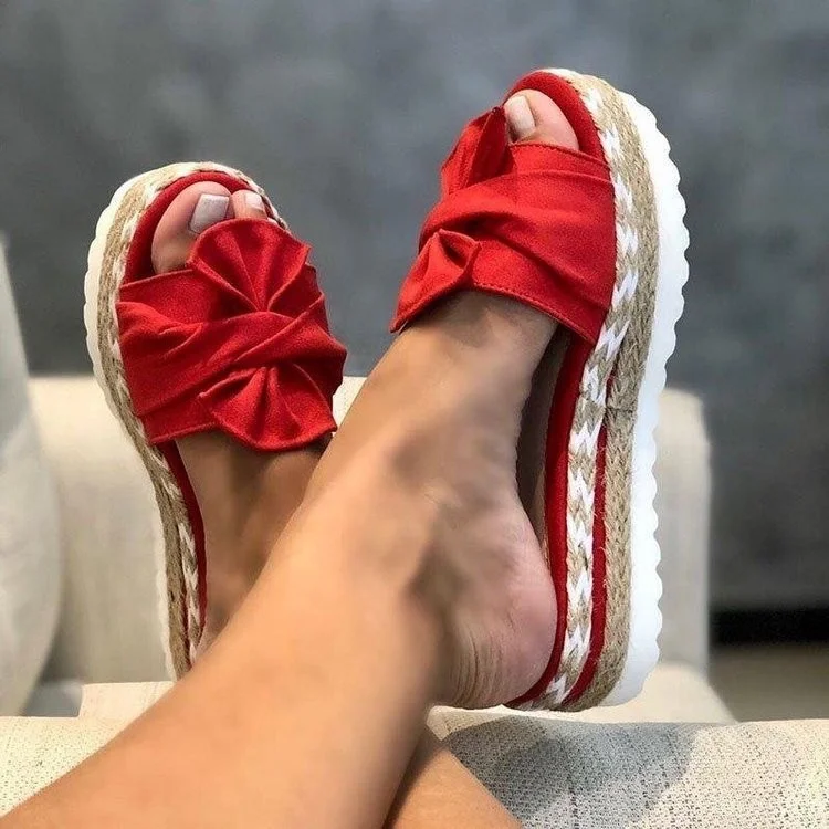 Breakj Breakj 2025 Summer New Bow Beach Women Slippers Thick Bottom Slope And Hemp Rope Large Women's Shoes