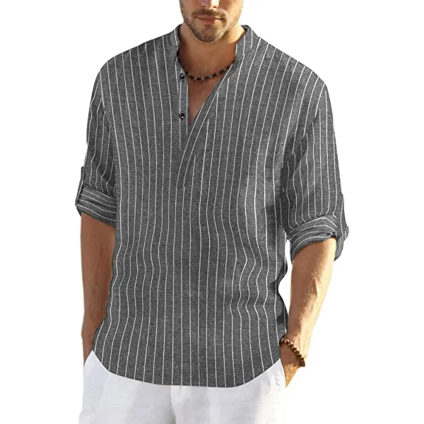 COOFANDY Men's Cotton Linen Henley Shirt Long Sleeve Hippie Casual Beach T Shirts White XX-Large