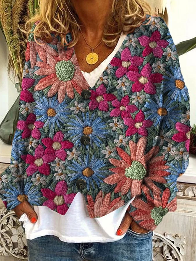 Vintage Embroidered Floral Print Casual Loose Buttoned Flannel Cardigan
