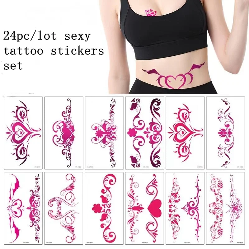 24pc/Lot New Sexy Tattoo Stickers Fake Tattoo for Woman Waterproof Fashion Art Slut Faux Tatouage Pour Femme Tattoo Kit Tatuajes