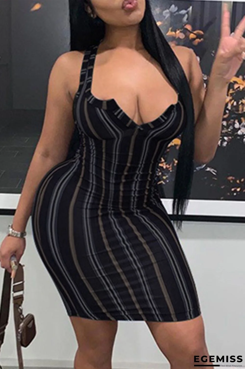 Black Fashion Sexy Striped Print Backless V Neck Vest Dress | EGEMISS