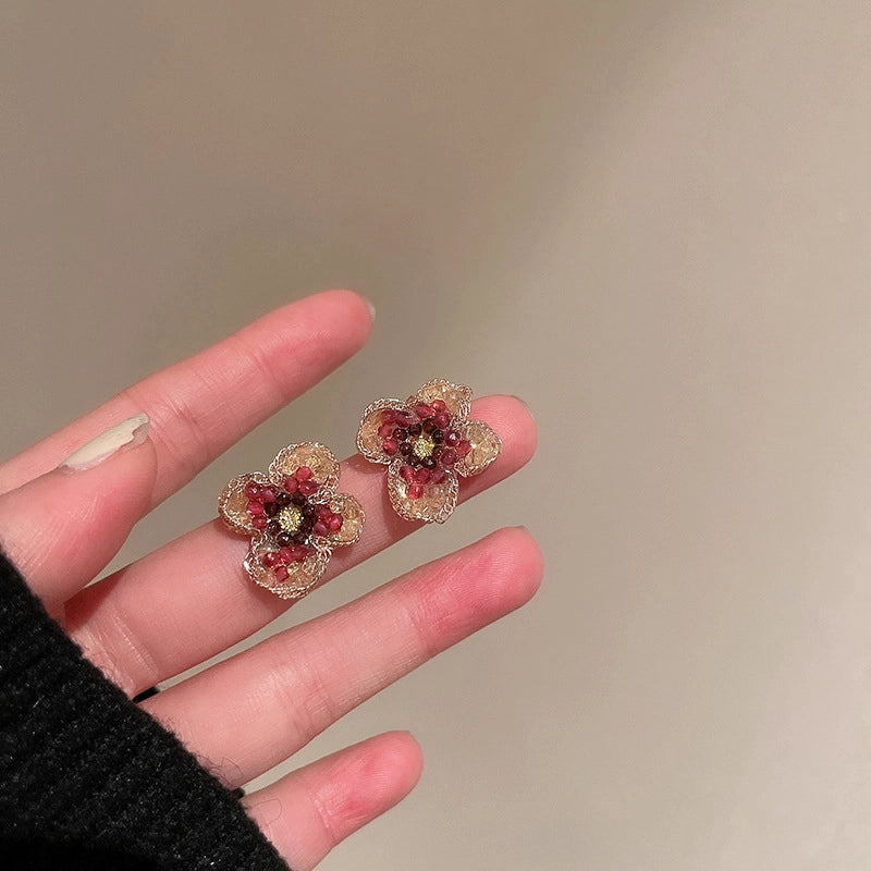 1 Pair Minimalist Flower Copper Enamel Rhinestones Drop Earrings Ear Studs