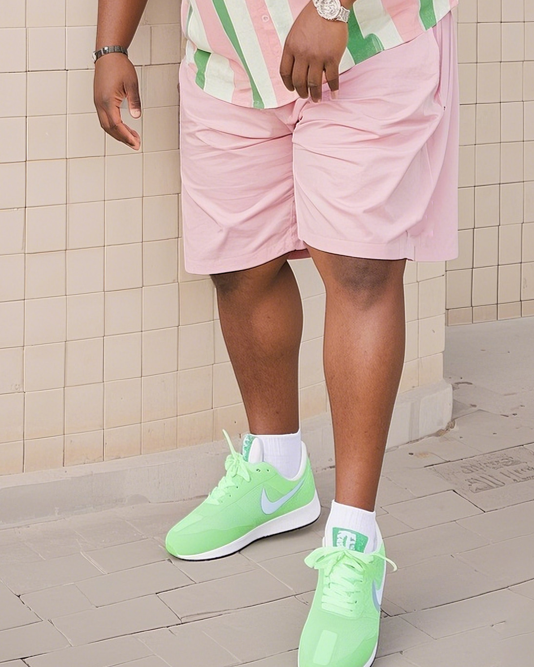 Big Man's Holiday Vacation/Casual Green Pink Striped Color Block Printing Short Sleeve Shirt Pink Shorts Suit