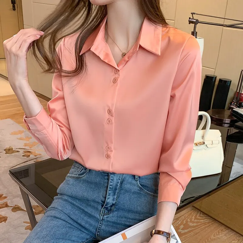 2021 Fashion Satin Long Sleeve Blouses Button Up White OL Vintage Tops V-neck Solid Ladies&rsquo; Tops Women's Silk Shirts Women 17278