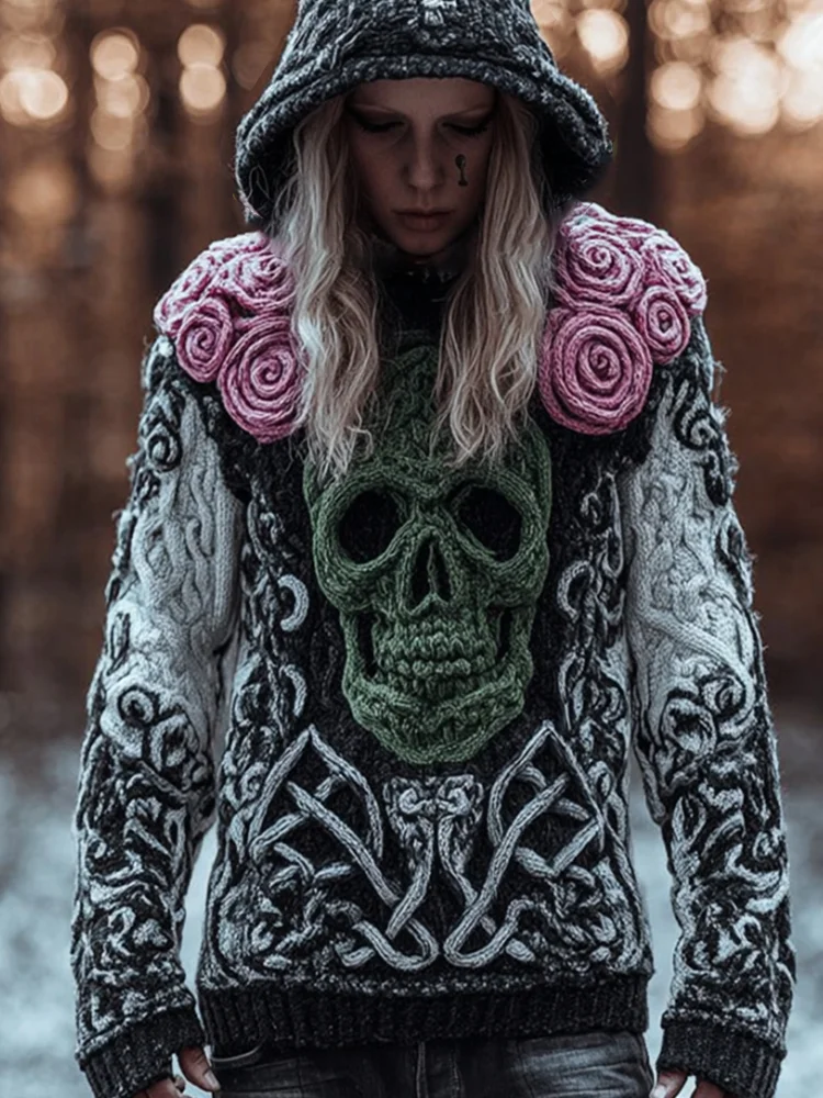 Women's Vintage Embroidered Skull Hooded Sweater