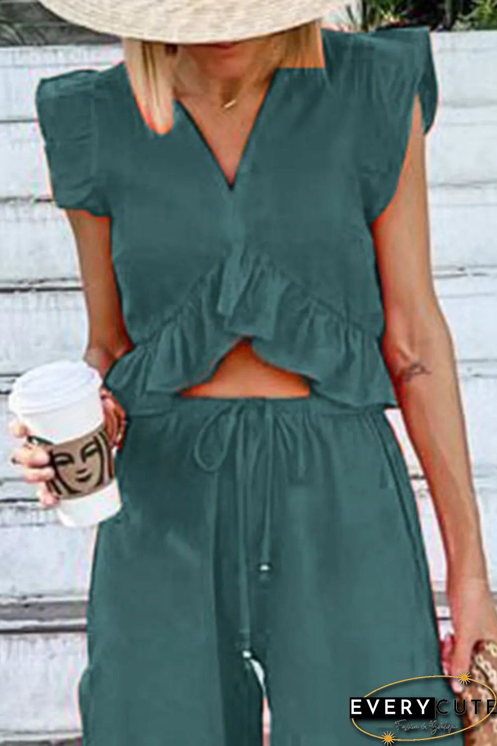 Casual Solid Flounce V Neck Sleeveless Two Pieces(9 Colors)