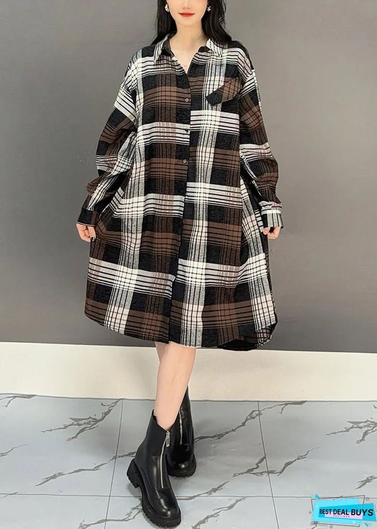 Stylish Coffee Plaid Button Cotton Shirts Dresses Fall