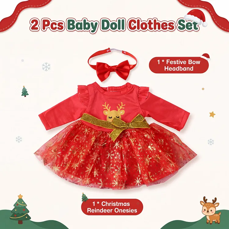 Christmas Reindeer Tutu Dress Set with Bow Headband for 12&ndash;16" Silicone Baby Dolls