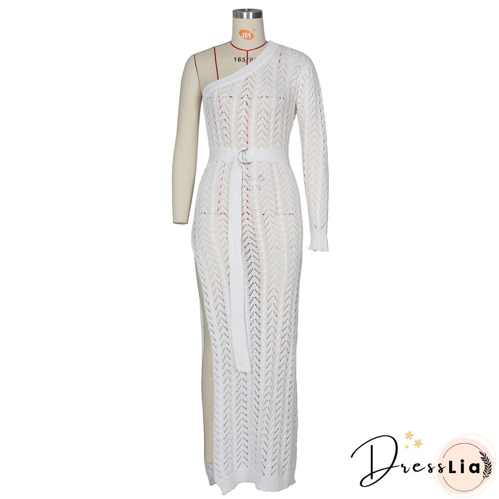 Women Sexy One Shoulder Long Sleeve Hollow Out Knitted High Slit Bodycon Maxi Club Party Beach Dress