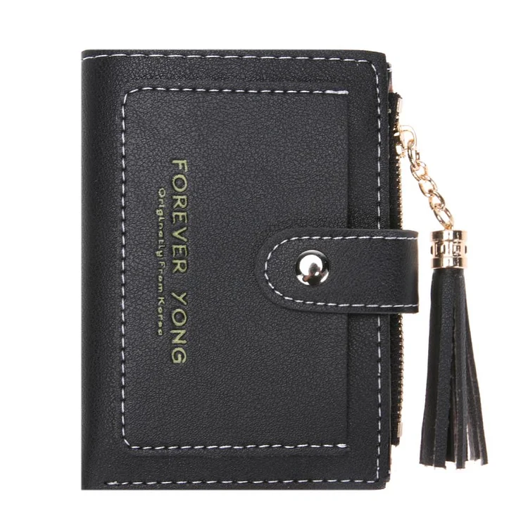Folded Women Tassels PU Leather Handbag Girl Hasp Small Wallet Purse(Black)