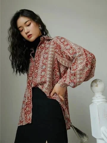 pornhint Pornhint CHEERART Vintage Floral Shirts Women 2023 Red Long Sleeve Button Up Shirt Ladies Top Lantern Sleeve Blouse Korean Clothes