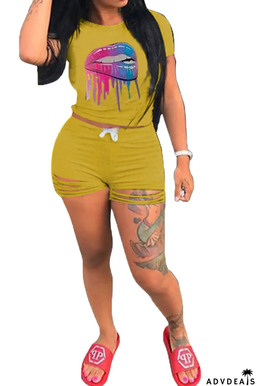 Grey venetian Fashion Active Casual Patchwork Lips Print pencil Short Sleeve Two Pieces