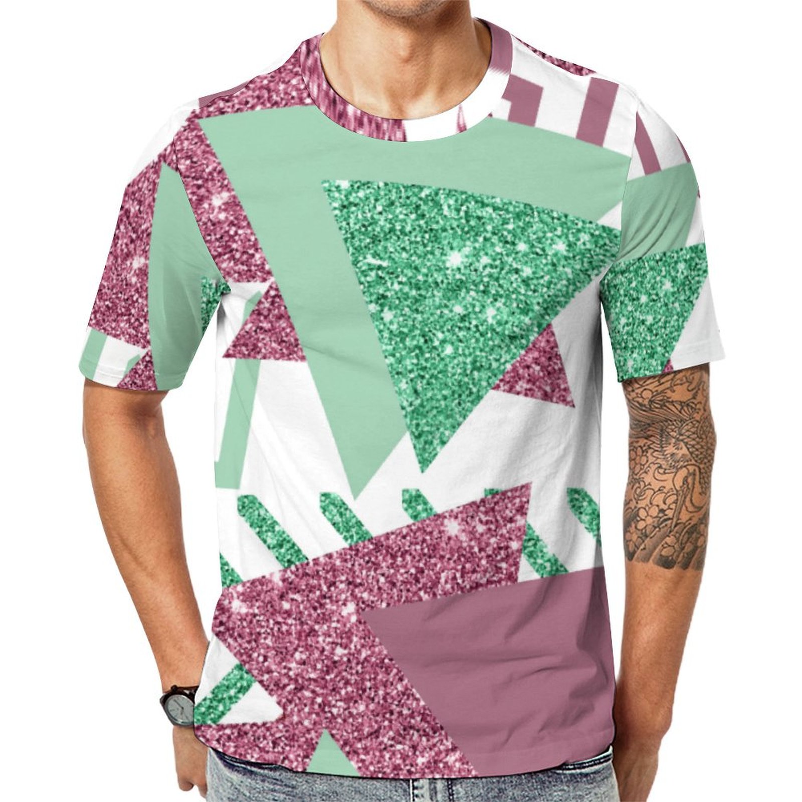 Fresh 90S Abstract Pink And Green Shapes Short Sleeve Print Unisex Tshirt Summer Casual Tees for Men and Women Coolcoshirts